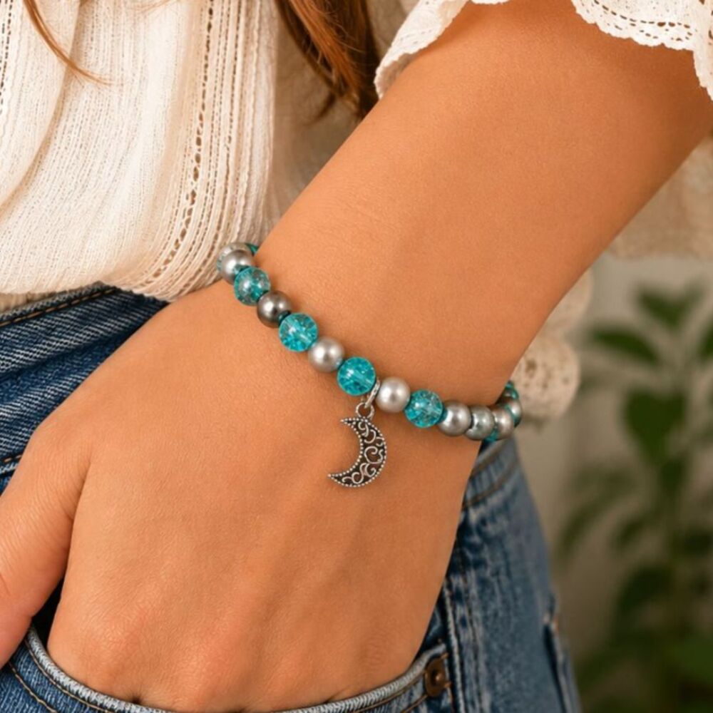 Handmade Turquoise Crackle Glass Moon Charm Stretch Bracelet Boho NWT